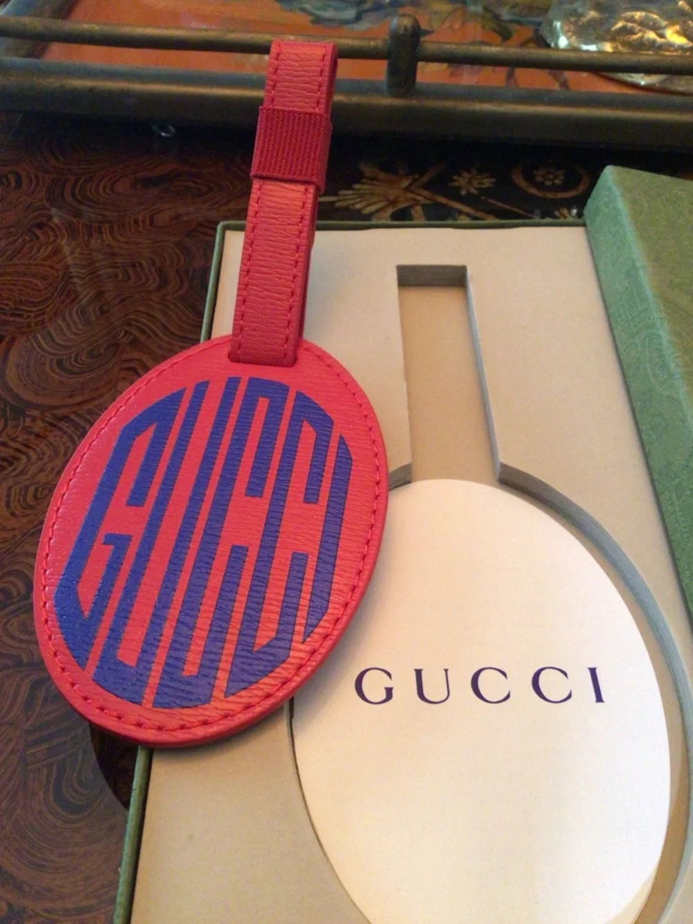 NEW Gucci Red and Blue Luggage Tag in box.